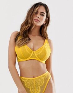 Wolf & Whistle Fuller Bust lace spot mesh frill strap bra in yellow