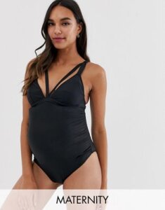 Wolf & Whistle Maternity Exclusive strapping swimsuit in black