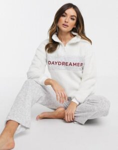 Women'secret Daydreamer borg fleece loungewear set in vanilla-White