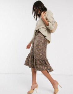 Y.A.S belted midi skirt with peplum hem in brown floral-Multi