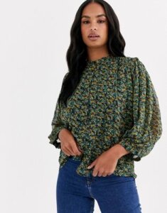 Y.A.S chiffon blouse with high neck and balloon sleeves in green floral-Black