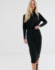Y.A.S high neck plisse dress with lace cuff in black