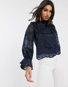 Y.A.S lace blouse with ruffle detail in navy