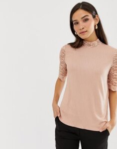 Y.A.S Lace sleeve ribbed top-Pink