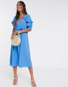 Y.A.S midi dress with ruffle detail in blue