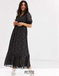 Y.A.S Petite maxi dress with v neck and puff sleeves in black ditsy floral-Multi