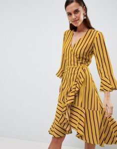 Y.A.S Striped Wrap Dress With Asymmetric Ruffle Hem-Multi