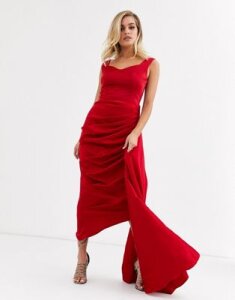 Yaura sweetheart plunge midi dress with extreme drape detail in red