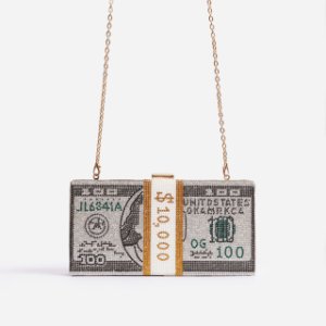 Premium Crystal Dollar Bill Cross Body Bag In Silver,, Silver