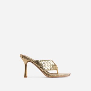 Brave Braided Detail Square Kitten Toe Heel Mule In Metallic Gold Faux Leather, Gold