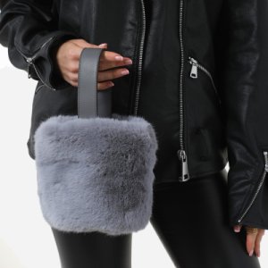 Bucket Bag In Grey Faux Fur,, Grey