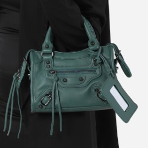 Buckle Detail Mini City Bag In Green Faux Leather,, Green