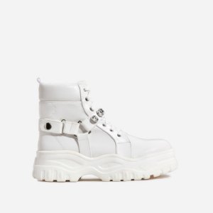 Buxton Gem Detail Chunky Sole Ankle Biker Boot In White Faux Leather, White