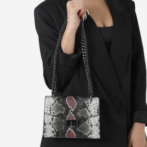 Chain Detail Cross Body Bag In Black And Red Snake Print Faux Leather,, Black