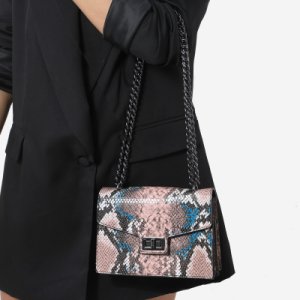 Chain Detail Cross Body Bag In Pink and Blue Snake Print Faux Leather,, Pink