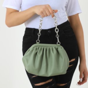 Chain Detail Gathered Shoulder Bag In Khaki Faux Leather,, Green