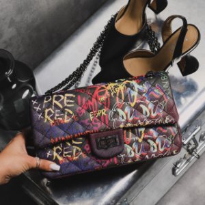 Ego - Chain detail quilted cross body bag in black graffiti print faux leather,, black