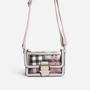 Check Print Detail Perspex Cross Body Bag in Grey Faux Leather,, Grey