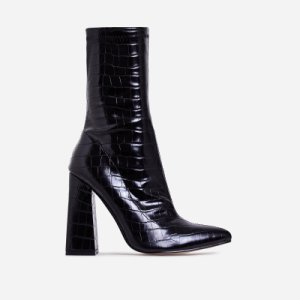 Chesta Block Heel Ankle Boot In Black Croc Print Faux Leather, Black