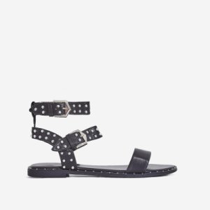 Claudia Studded Gladiator Sandal In Black Faux Leather, Black