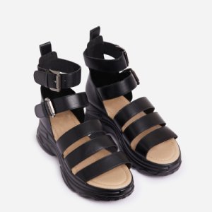 Cristiano Chunky Sole Flat Gladiator Sandal In Black Faux Leather, Black