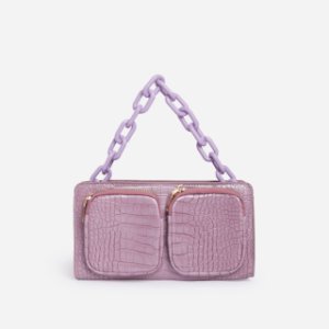 Crown Chain Detail Multi Pocket Bag In Lilac Faux Leather,, Purple