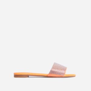 Dame Diamante Detail Flat Slider Sandal In Orange Croc Print Faux Leather, Orange