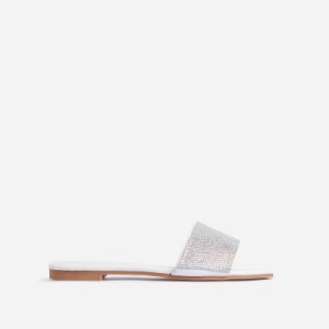 Dame Diamante Detail Flat Slider Sandal In White Croc Print Faux Leather, White