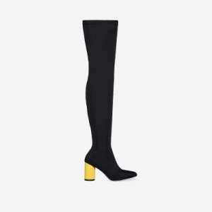 Darley Yellow Heel Thigh High Long Boot In Black Lycra, Black