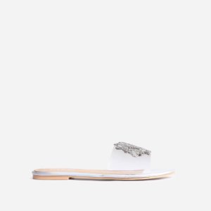Darling Diamante Detail Flat Sandal In Silver Holographic Faux Leather, Silver
