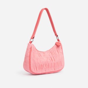 Ruched Detail Shoulder Bag in Pink Nylon,, Pink