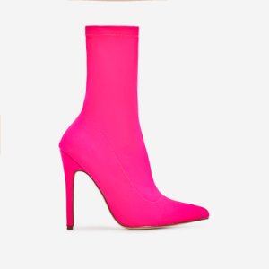 Fiona Pointed Toe Ankle Sock Boot In Neon Pink Lycra, Pink