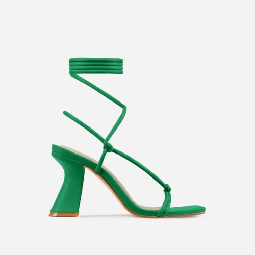 Harmony Knotted Detail Lace Up Square Toe Curved Low Block Heel In Green Faux Leather, Women's Size UK 3