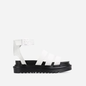 Hater Chunky Sole Flat Gladiator Sandal In White Faux Leather, White