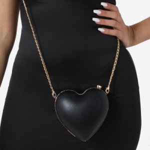 Heart Shape Cross Body Bag In Black Faux Leather,, Black