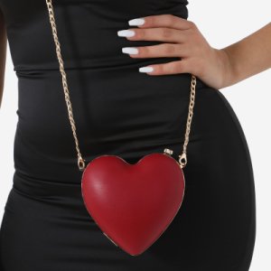 Heart Shape Cross Body Bag In Red Faux Leather,, Red