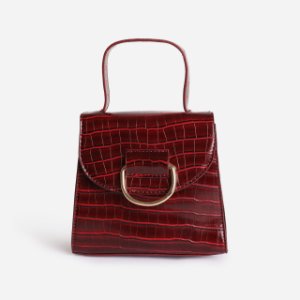 Hoop Detail Grab Bag In Burgundy Croc Print Patent,, Red