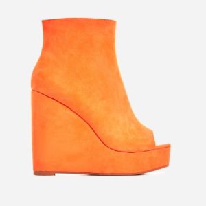 Khalid Peep Toe Platform Wedge Ankle Boot In Orange Faux Suede, Orange