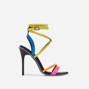 Marisa Studded Detail Lace Up Heel In Neon Multi Colour Patent, Multi
