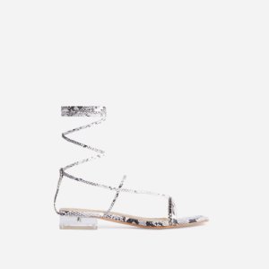 Milliondolla Square Toe Lace Up Clear Perspex Flat Gladiator Sandal In Grey Snake Print Faux Leather, Grey