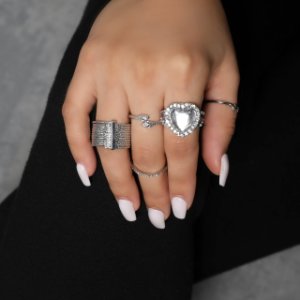Multi Pack Snake And Stone Heart Rings In Silver,, Silver