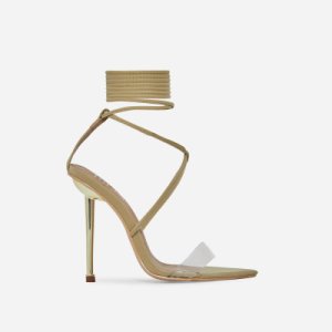 Ego - Nobu pointed toe clear perspex lace up heel in nude lycra, nude