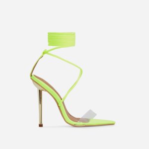 Ego - Nobu pointed toe perspex lace up heel in neon yellow lycra, yellow