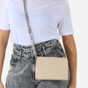Oversized Chain Cross Body Bag In Nude Faux Leather,, Nude