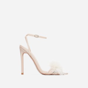 Rae Faux Feather Fluffy Heel In Nude Faux Leather, Nude