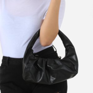 Ruched Shoulder Bag In Black Faux Leather,, Black