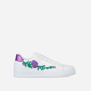 Saffron Floral Embroided Lace Up Trainer With Violet Heel Tab In White Faux Leather, White