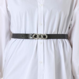 Silver Chain Detail Belt In Blue Snake Faux Leather,, Black