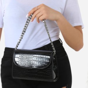 Silver Chain Detail Boxy Handbag In Black Croc Faux Leather,, Black