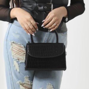 Single Handle Grab Bag In Black Croc Print Patent,, Black